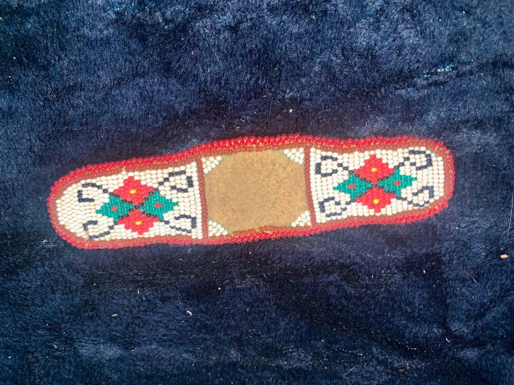 Vintage Native American Style Beaded Watchband Leather Hide Cuff Geometric 1940s
